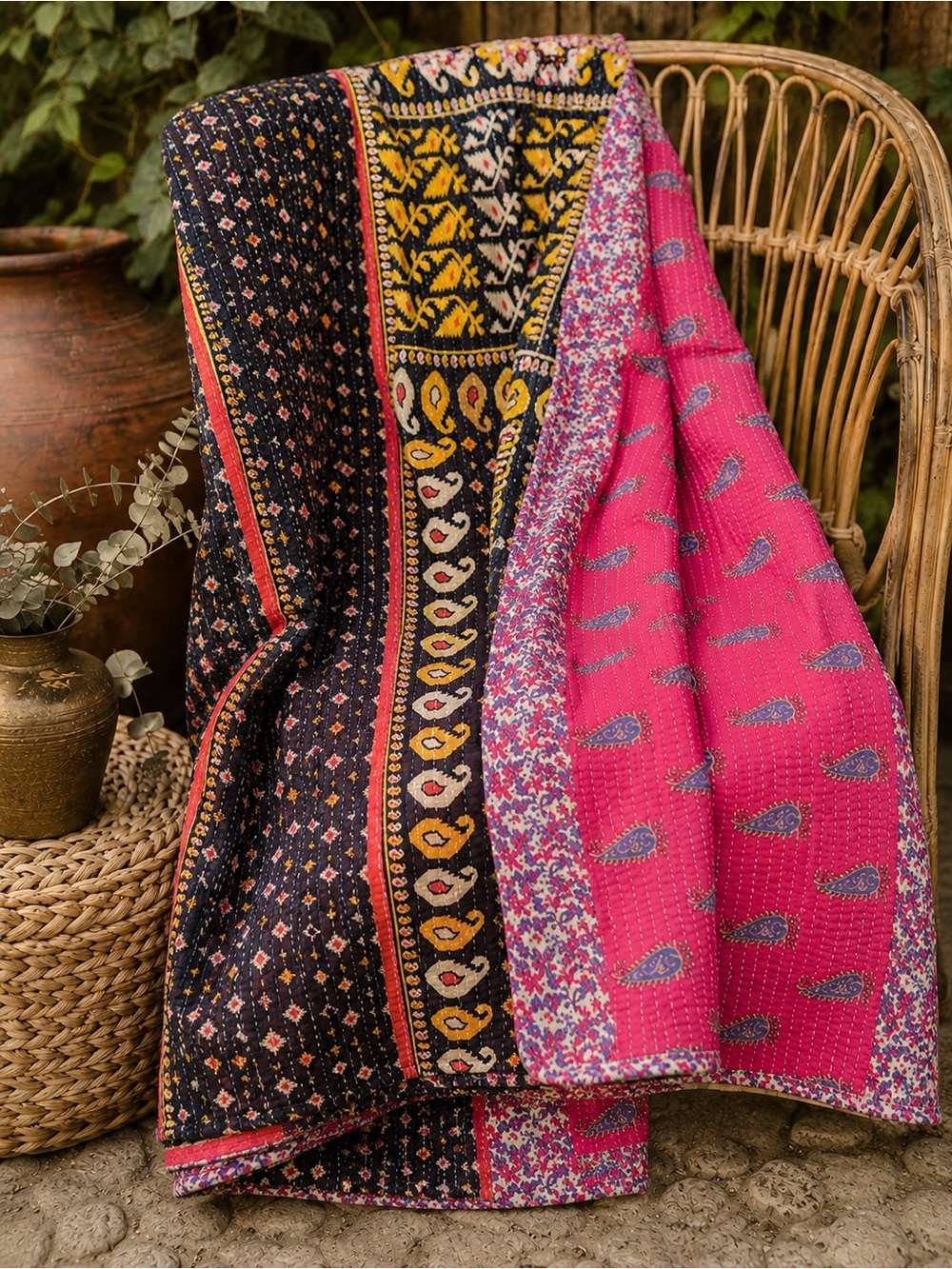 Vintage Handmade Printed Kantha Quilt India Sari Throw Blanket Twin 52x80